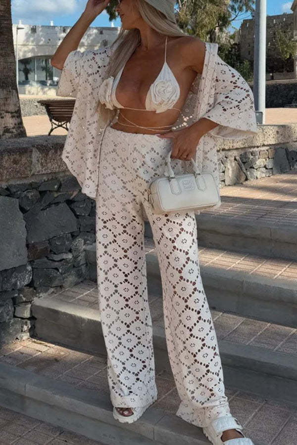 Holiday Crochet Flowers Lace Short Sleeve Shirt and Elastic Waist Wide Leg Pants Set-consonak