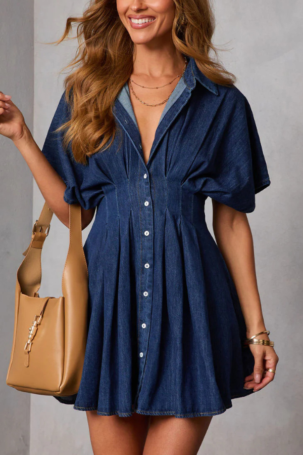 Stylish Collared Short-sleeved Fitted Waist Button-down Casual Mini Dress