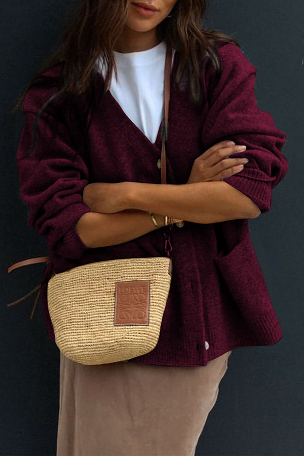 Solid Color V-Neck Button Casual Pocket Knit Cardigan-consonak