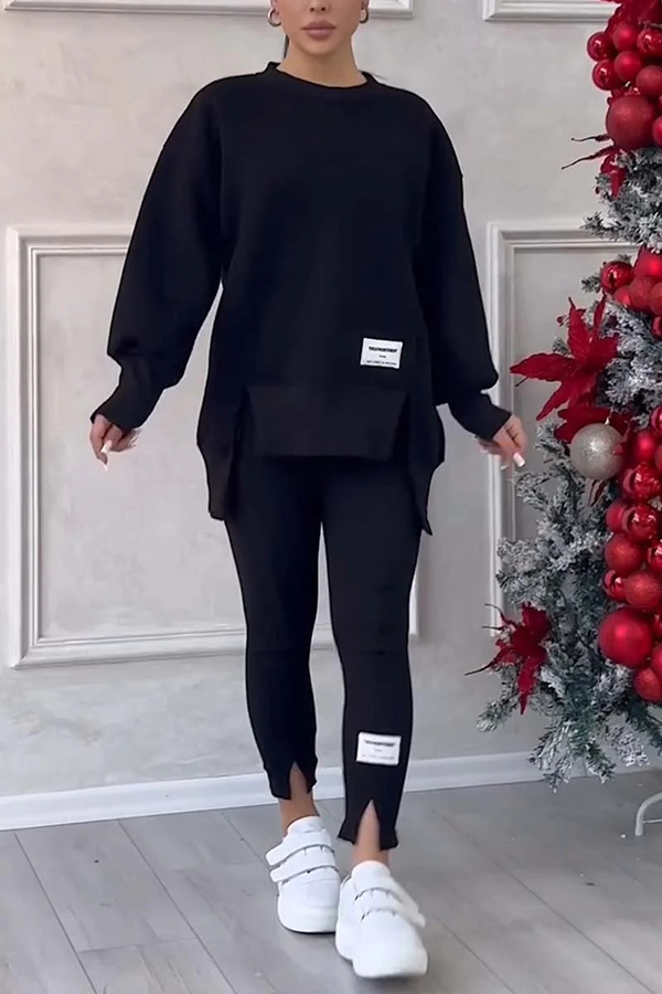 Fashionable Irregular Long-sleeved Sweatshirt and Elastic Waist Pants Set-consonak