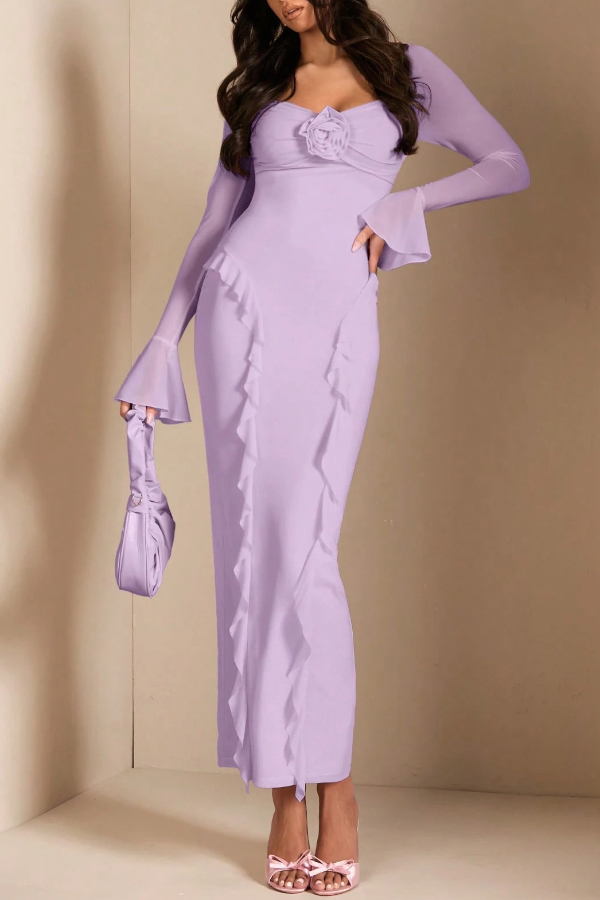 Solid Color Long-sleeved Ruffled Slim-fit Maxi Dress-consonak