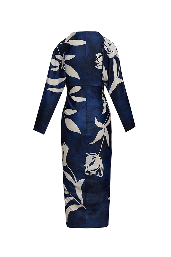 Brazilian Style Unique Print Dolman Long Sleeve Ruched Slit Midi Dress  Vestidos-consonak
