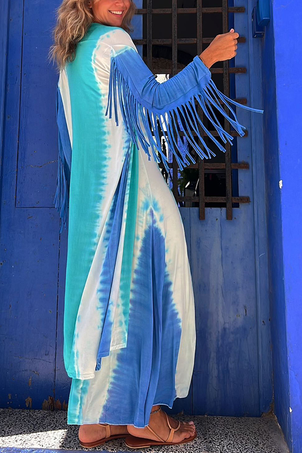 Song of The Vagabond Tie-dye Print Open Front Tassel Duster Cover-up-consonak