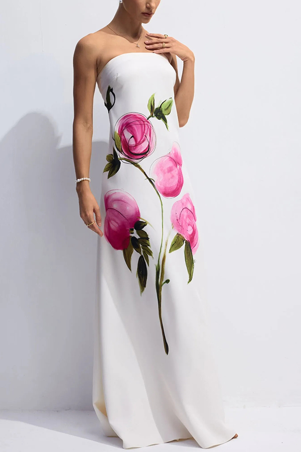 Garden Wedding Painted Roses Print Strapless A-line Maxi Dress-consonak