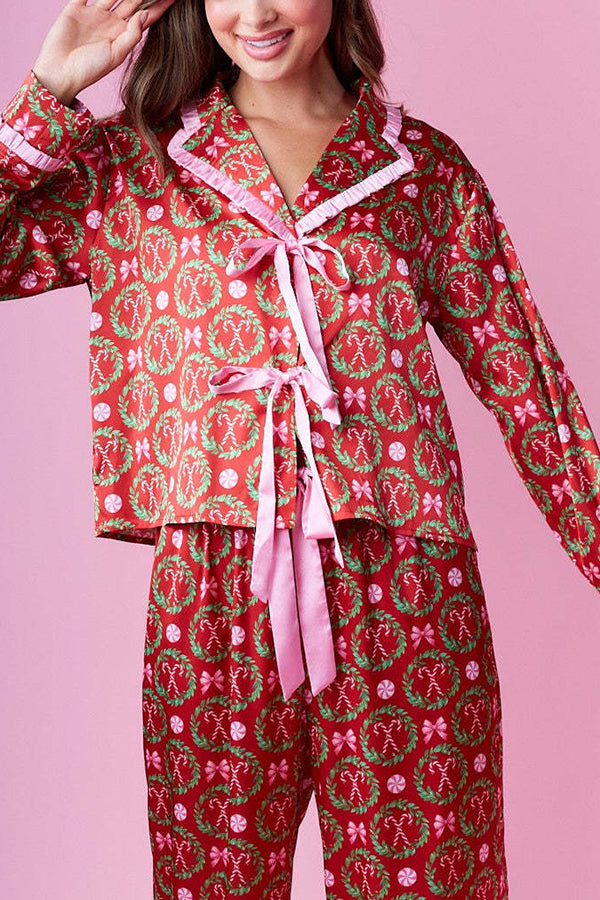 Christmas Print Long-sleeved Tie-waist Loose Top and Elastic Waist Pocket Casual Wide-leg Pants Set-consonak