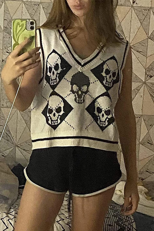 Halloween Skull Argyle Knit Sweater Vest-Consonak