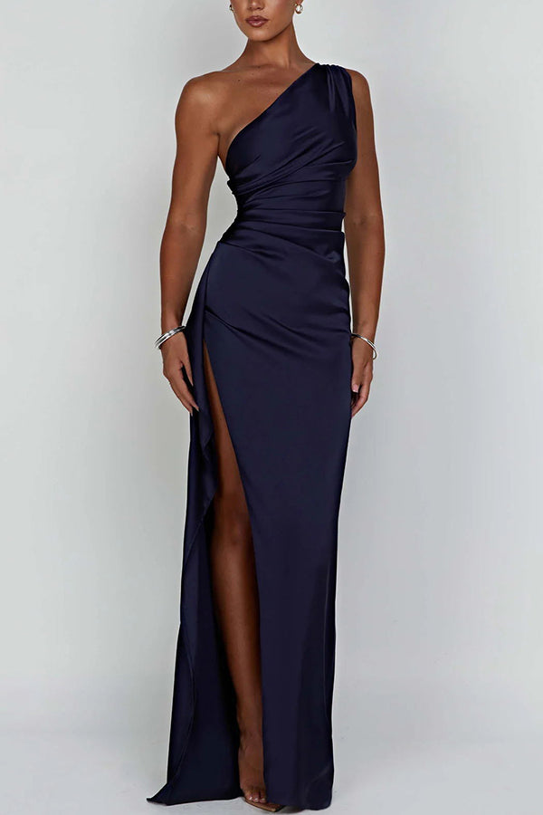 Fits Your Curves Satin One Shoulder Drape Slit Maxi Dress | Consonak