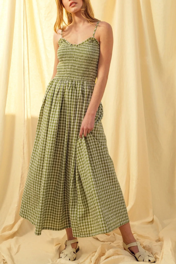 Stylish Plaid Print Spaghetti Strap Ruched Casual Pocket Maxi Dress | Consonak