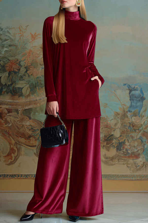 Solid Color Velvet Turtleneck Long-sleeved Loose Top and Elastic Waist Pocket Casual Wide-leg Pants Set-consonak