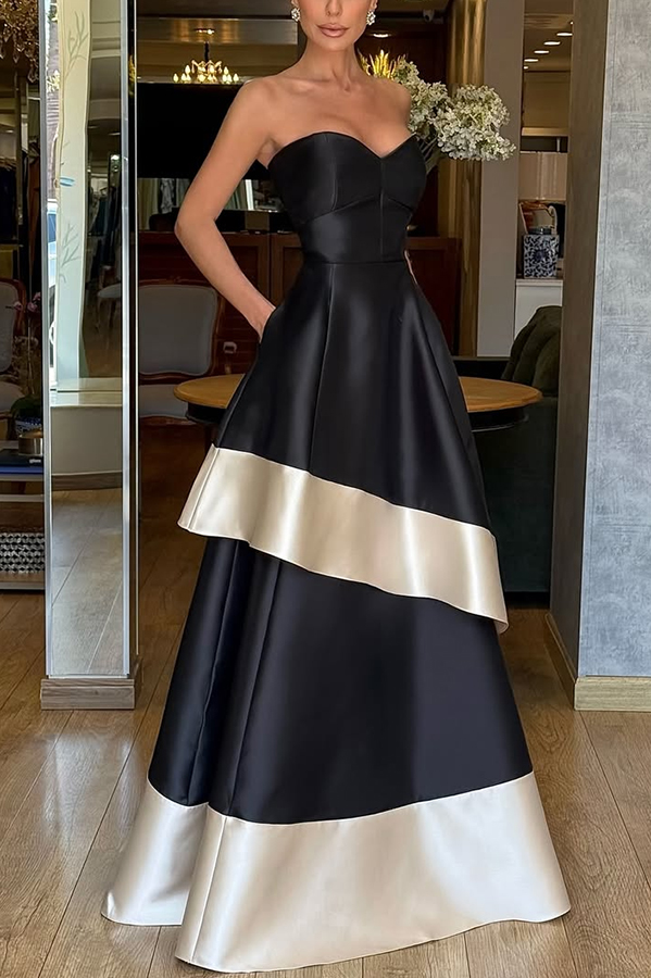 Vivian Satin Contrast Color Sweetheart Bandeau Neck Pocket Layered Maxi Dress-consonak