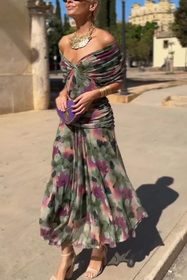 Unique Printed V-Neck Waisted Mesh Holiday Maxi Dress-consonak