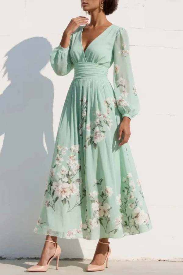 Floral Print V-neck Long-sleeved Fitted Waist Casual Maxi Dress