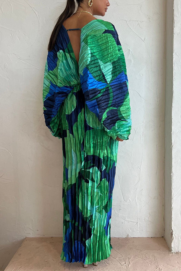 Tropical Oasis Capri Print Kimono Sleeve Pleated Cocoon Maxi Dress-consonak