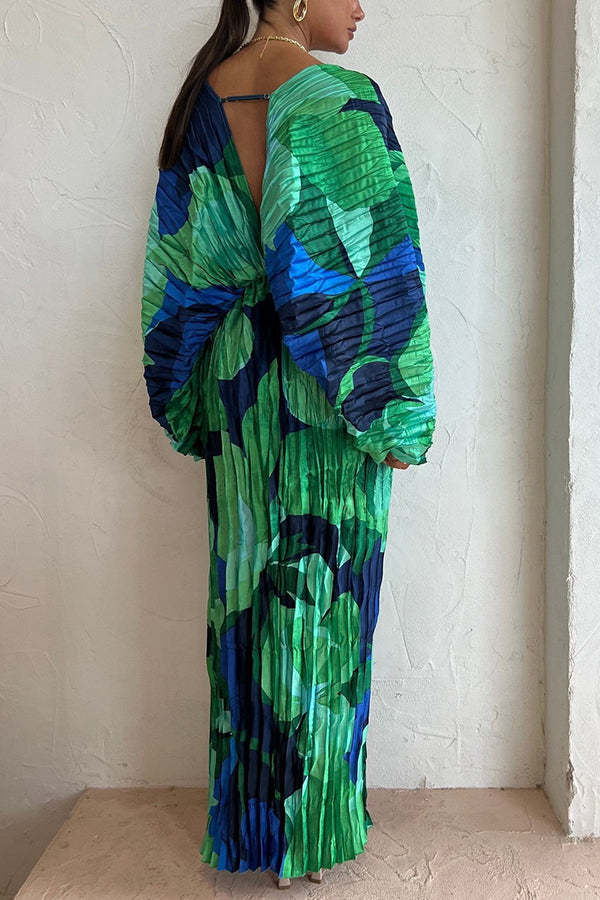 Tropical Oasis Capri Print Kimono Sleeve Pleated Cocoon Maxi Dress-consonak