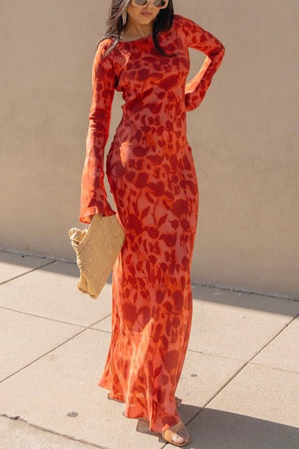 Gia Unique Print Boat Neck Long Bell Sleeve Bias Cut Maxi Dress-consonak