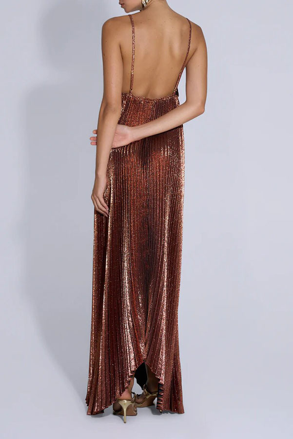 Muse Glitter Fabric Pleated V-neck Tulip-cut Hemline Slip Maxi Dress