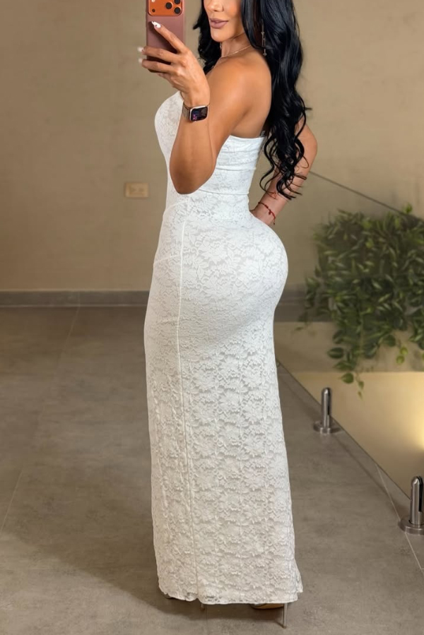 Solid Color Sleeveless Off-shoulder Slim Fit Slit Ruffle Maxi Dress