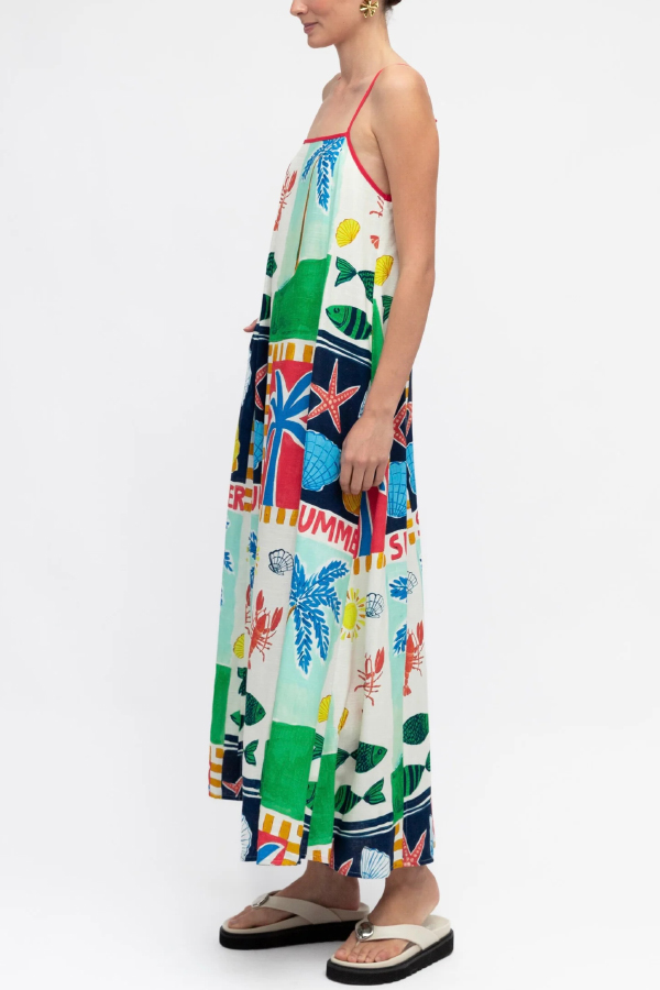 Summer-themed Printed Square Neck Sleeveless Pocket Loose Maxi Dress