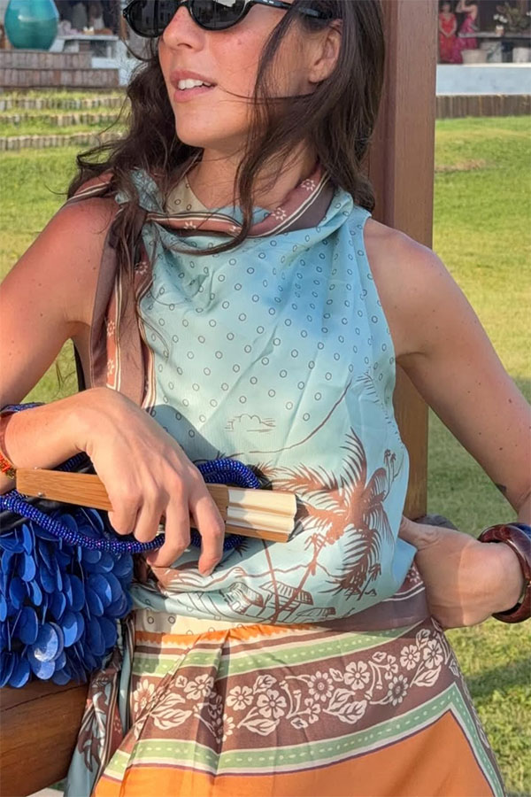 Alberta Satin Unique Color-blocked Print Tie Detail Layered Scarf Midi Dress | Consonak