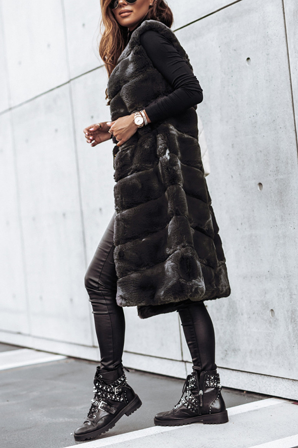 Solid Color Fur Round Neck Sleeveless Midi Vest Jacket-consonak