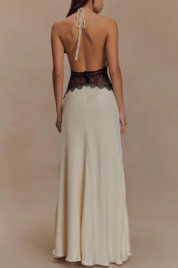 Seductive Details Satin Lace Waist Halter Tie-up Backless Maxi Dress-consonak