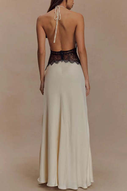 Seductive Details Satin Lace Waist Halter Tie-up Backless Maxi Dress-consonak
