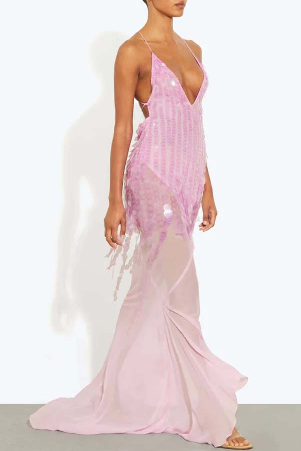 Perfect Night Sequin Embroidery Backless Drape Tulle Hem Slip Maxi Dress | Consonak