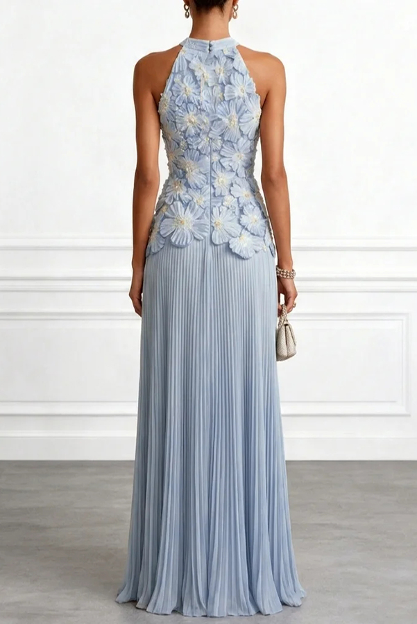 Emilie 3D Floral Embroidery Pleated Chiffon Hem Halter Neck Sleeveless Maxi Dress | Consonak
