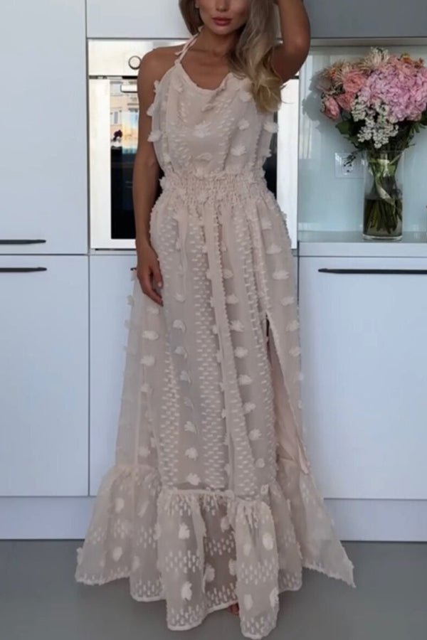 Gloria Embroidery Flowers Elastic Waist Halter Backless Slit Maxi Dress-consonak