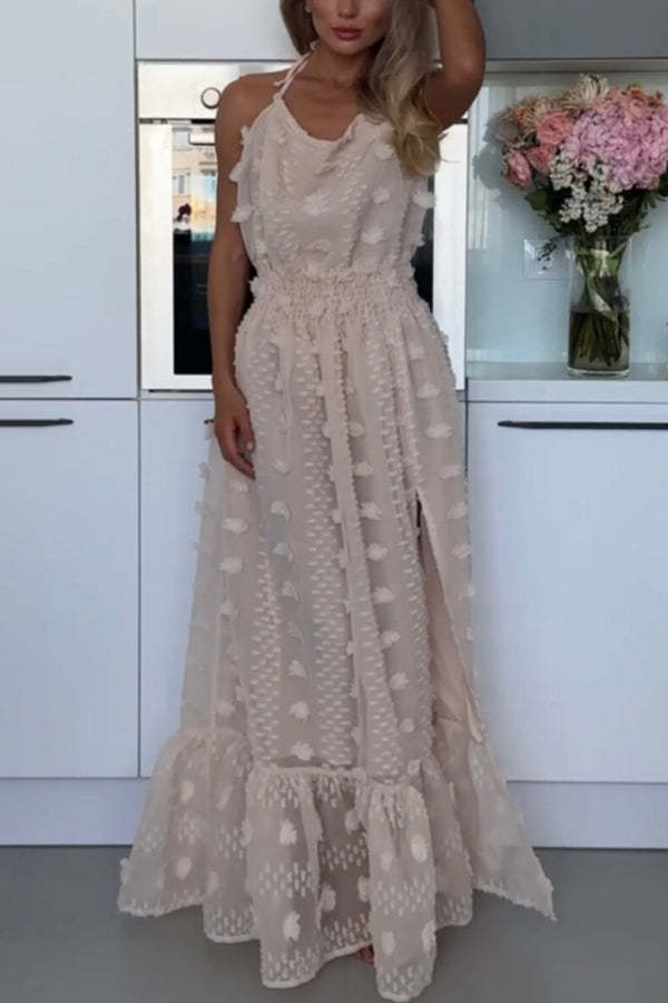 Gloria Embroidery Flowers Elastic Waist Halter Backless Slit Maxi Dress-consonak