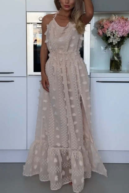 Gloria Embroidery Flowers Elastic Waist Halter Backless Slit Maxi Dress-consonak