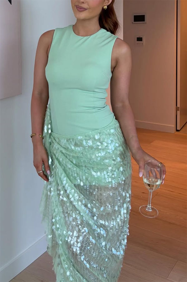 Unspoken Glamour Crepe and Fish Scale Sequins Ruffle Ruched Drape Maxi Dress-consonak