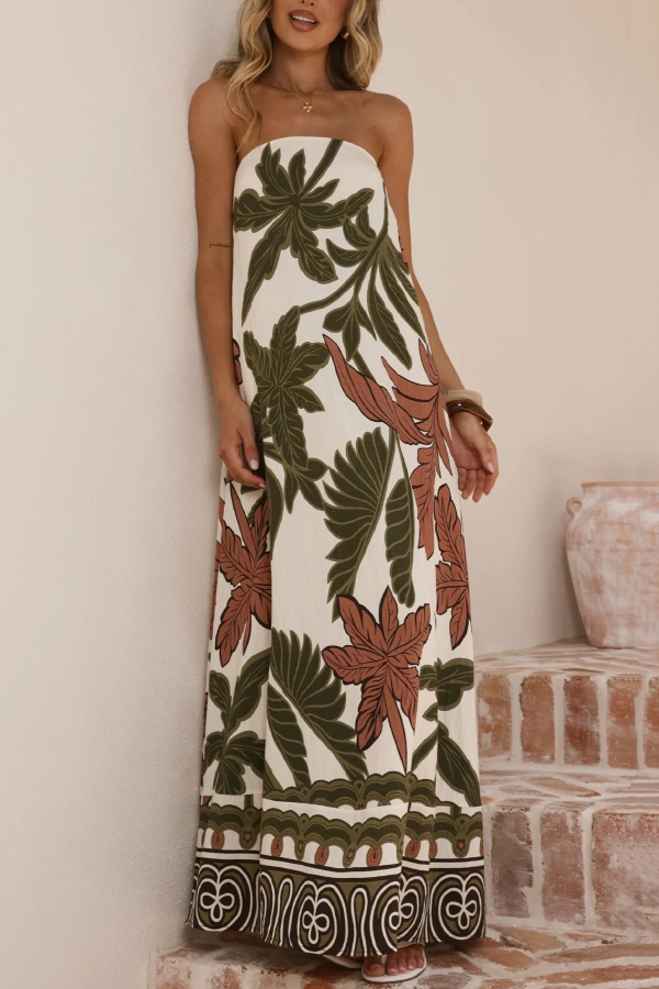 Botanical Print Sleeveless Off-shoulder Resort-style Loose Maxi Dress-consonak