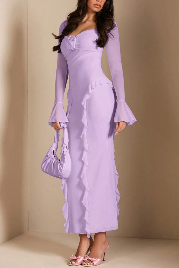 Solid Color Long-sleeved Ruffled Slim-fit Maxi Dress-consonak