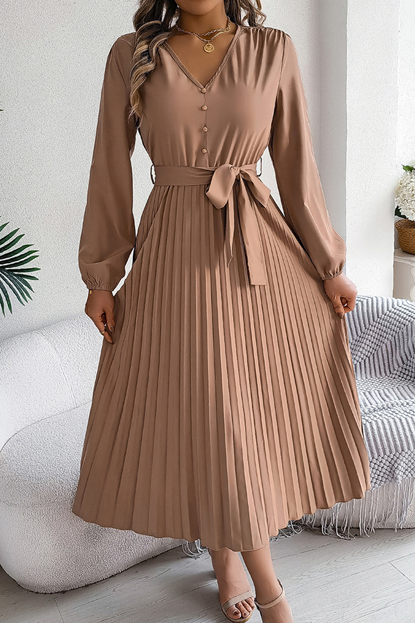 Solid Color Elegant V-neck Buttoned Lace-up Pleated Maxi Dress-consonak