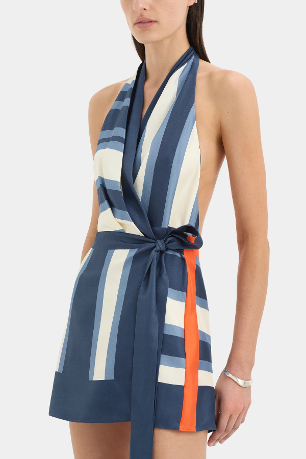 Summer Striped Print Halter Neck Backless Tie Mini Dress-consonak