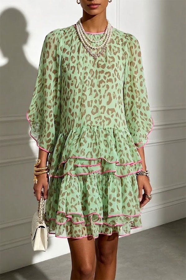 Amara Green Leopard Print Tiered Ruffle Mini Dress-Consonak