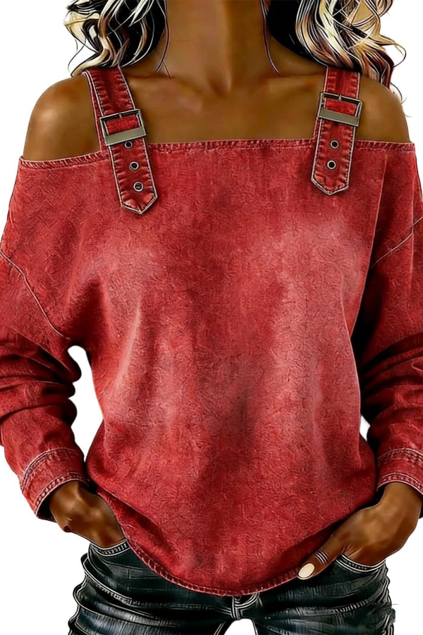Fashionable Faux Denim Off-shoulder Long-sleeved Loose Top