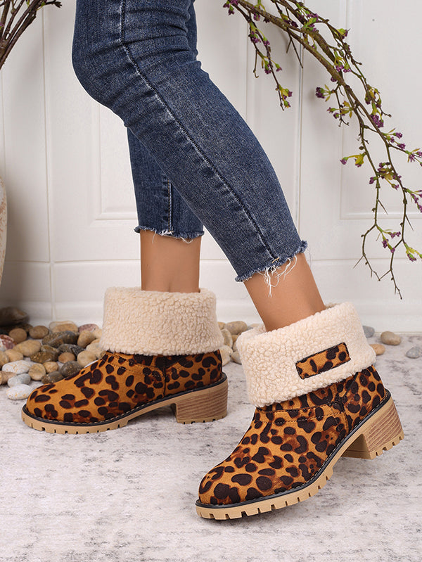 Leopard Print Thick Heel Warm Mid-calf Snow Shoes-consonak