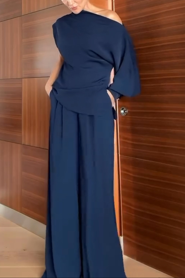 Cleo One Shoulder Irregular Balloon Sleeve Top and High Rise Pleated Button Waist Pocket Loose Pants Set-consonak