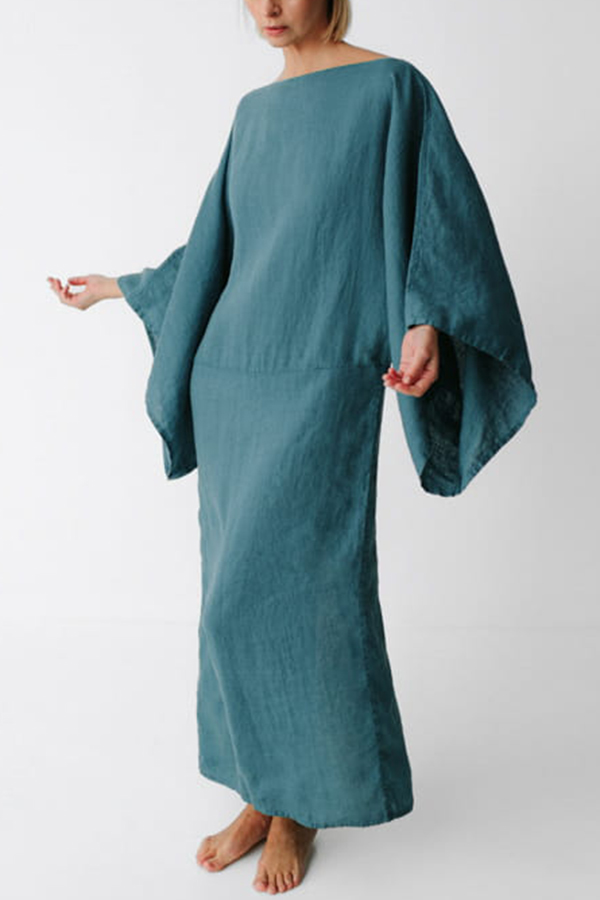Stacie Linen Blend Wide Neck Batwing Sleeves Tie-up Waist H-line Maxi Dress