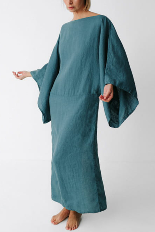 Stacie Linen Blend Wide Neck Batwing Sleeves Tie-up Waist H-line Maxi Dress