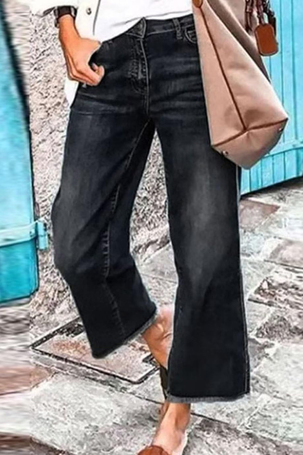 Stylish Raw-edge Mid-rise Pocket Stretch Straight-leg Jeans-consonak