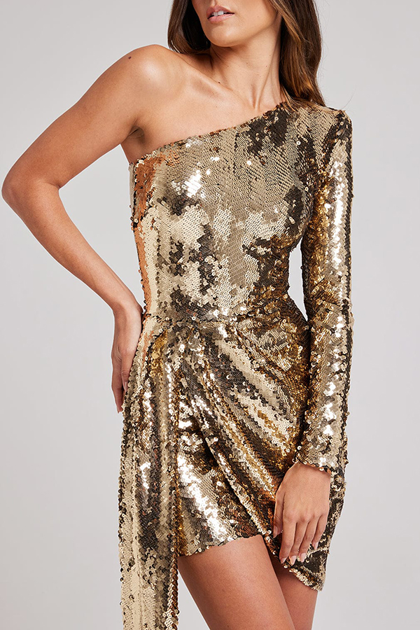 Party Season Sequin One Shoulder Asymmetrical Drape Hem Mini Dress-consonak