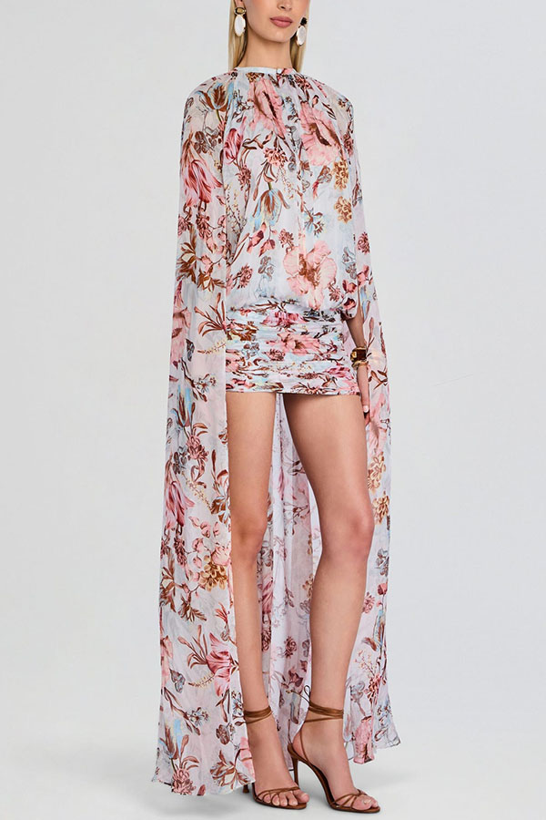 Sunset Frequency Tropical Print Ruched Hem High Low Cape Maxi Dress