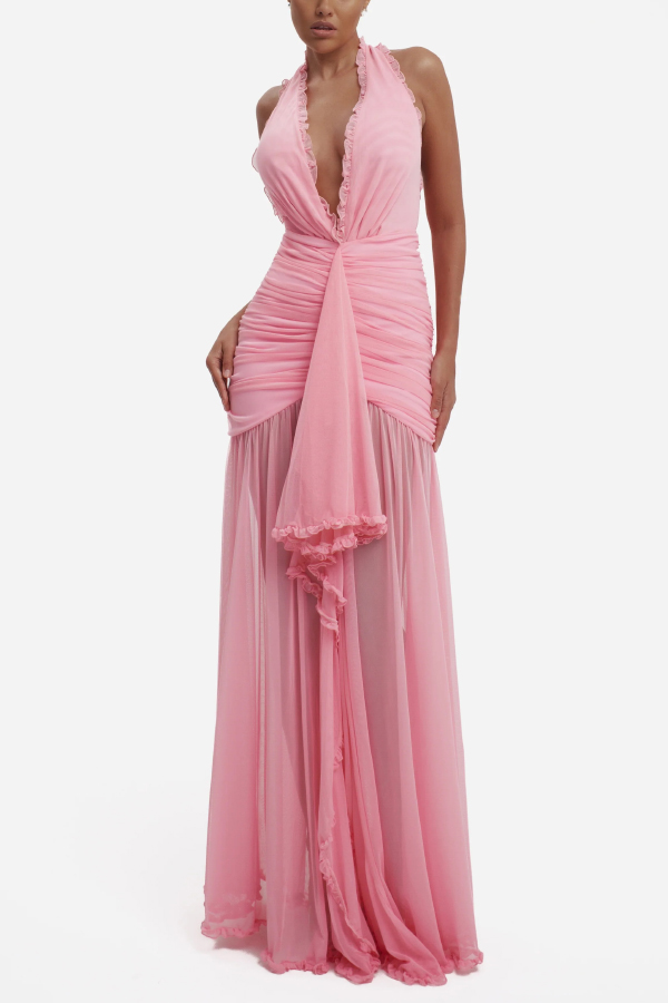 Elegant V-neck Sleeveless Pleated Ribbon Mesh Hem Maxi Dress-consonak