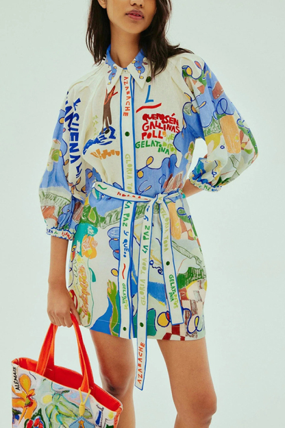 Phebe Linen Blend Unique Print Pocket Waist Tie Mini Dress-consonak