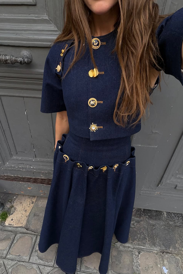 Custom Look Denim Unique Metal Pattern Buttons Lace-up Waist Crisp Hem Maxi Skirt | Consonak