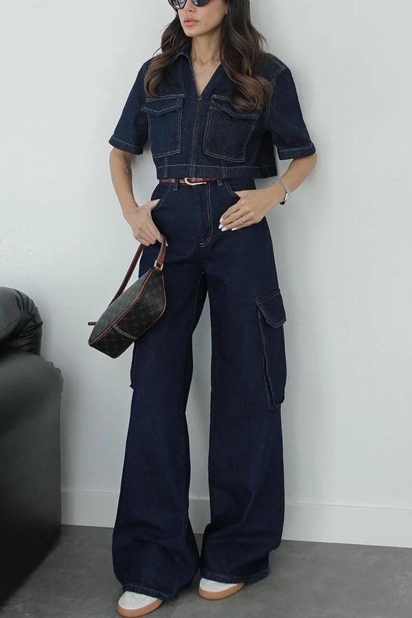 Free Breeze Denim High Rise Pocketed Wide Leg Cargo Jeans-consonak