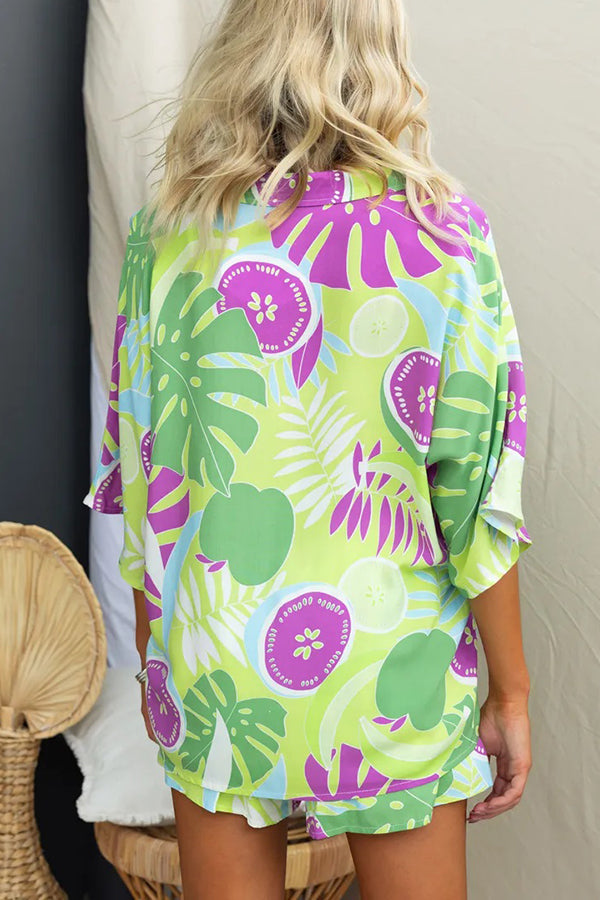 Viva La Travel Unique Print Loose Button Shirt and Elastic Waist Shorts Set-consonak
